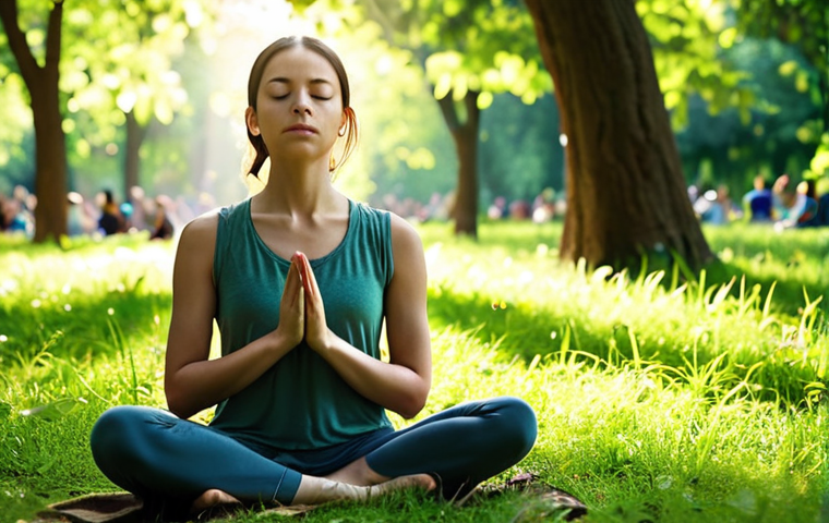 **
A serene individual meditating in a lush green park, completely disconnected from technology. Sunlight filters through the trees, highlighting the peaceful expression on their face. The background shows blurred figures of people enjoying nature, emphasizing connection with the real world. Keywords: Digital detox, mindfulness, nature, peace, emotional well-being.
**