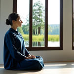 A person with a calm expression, dressed in modest, comfortable attire, sitting peacefully in a minimalist, sunlit room. A large window offers a serene view of a tranquil natural landscape, like a still lake surrounded by gentle trees. The individual is in a natural pose, perhaps with hands resting in their lap, embodying a state of quiet contemplation and inner peace. The scene is free of distractions, promoting mindfulness and self-reflection. Fully clothed, appropriate attire, safe for work, perfect anatomy, correct proportions, natural pose, well-formed hands, proper finger count, natural body proportions, professional photography, high quality, family-friendly content.