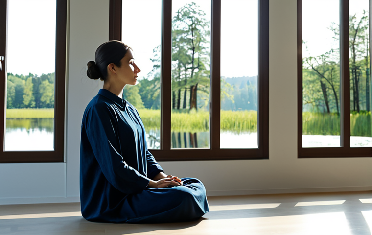 A person with a calm expression, dressed in modest, comfortable attire, sitting peacefully in a minimalist, sunlit room. A large window offers a serene view of a tranquil natural landscape, like a still lake surrounded by gentle trees. The individual is in a natural pose, perhaps with hands resting in their lap, embodying a state of quiet contemplation and inner peace. The scene is free of distractions, promoting mindfulness and self-reflection. Fully clothed, appropriate attire, safe for work, perfect anatomy, correct proportions, natural pose, well-formed hands, proper finger count, natural body proportions, professional photography, high quality, family-friendly content.