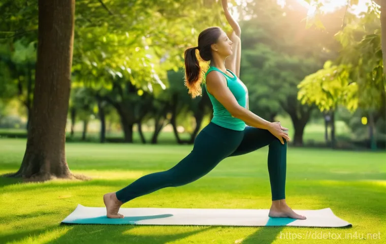 디지털디톡스와 명상과 운동 결합 - A young woman in her mid-20s, dressed in comfortable lounge wear (modest t-shirt and loose pants), g...