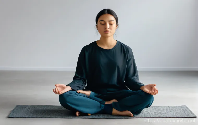 디지털디톡스와 명상과 운동 결합 - A fit woman in her late 20s is gracefully performing a gentle yoga pose, like the 'tree pose' or a s...