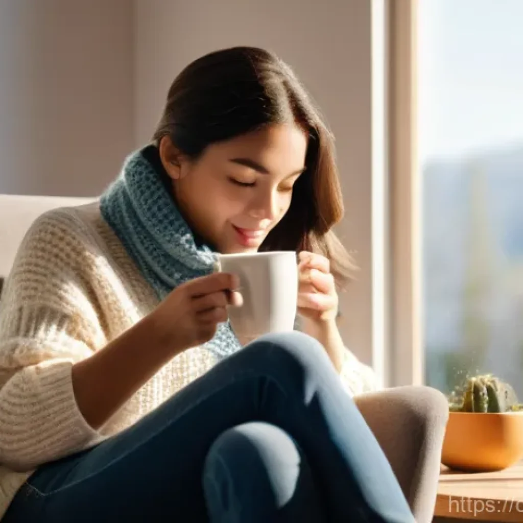 디지털디톡스와 디지털 건강 관리 - A cozy, sunlit living room with a young woman in her late 20s, dressed in comfortable casual wear (l...