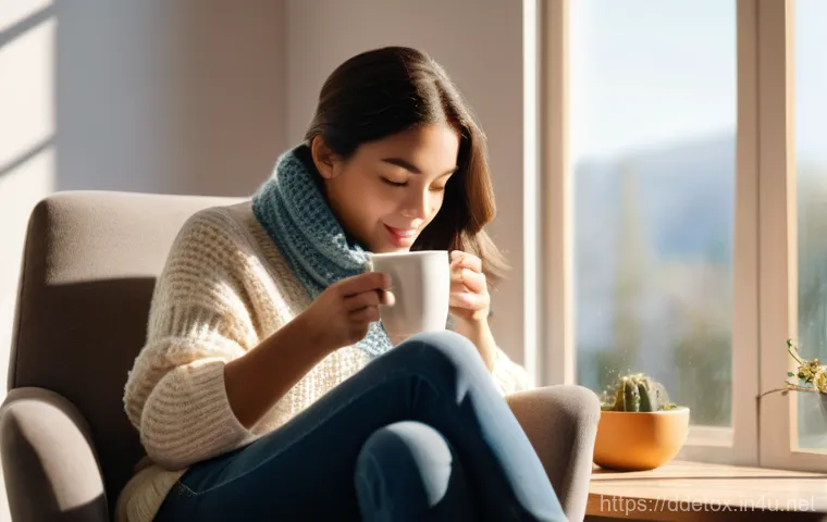 디지털디톡스와 디지털 건강 관리 - A cozy, sunlit living room with a young woman in her late 20s, dressed in comfortable casual wear (l...