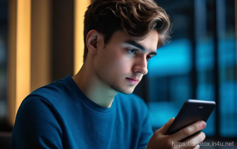 디지털디톡스와 업무 집중력 - **Digital Overload and Mental Fatigue:** A close-up shot of a young adult, possibly a student or a p...