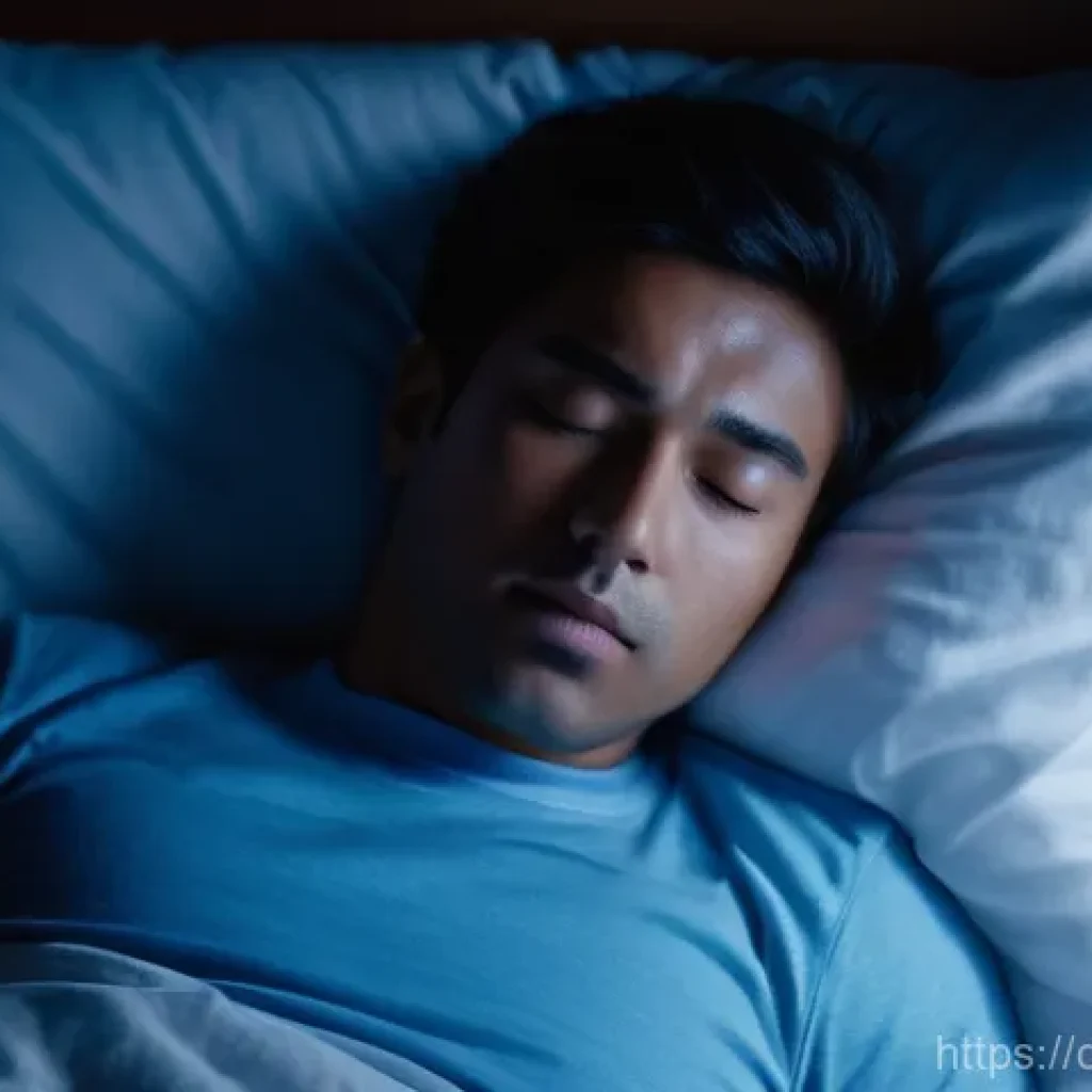 디지털디톡스와 수면의 질 - **Image Prompt: Sleepless Night, Blue Light's Grip**
A realistic, high-angle shot of a single ad...