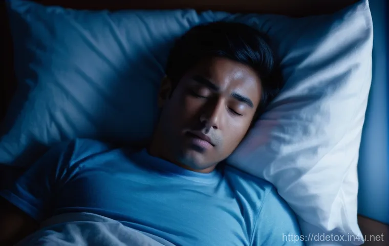 디지털디톡스와 수면의 질 - **Image Prompt: Sleepless Night, Blue Light's Grip**
A realistic, high-angle shot of a single ad...