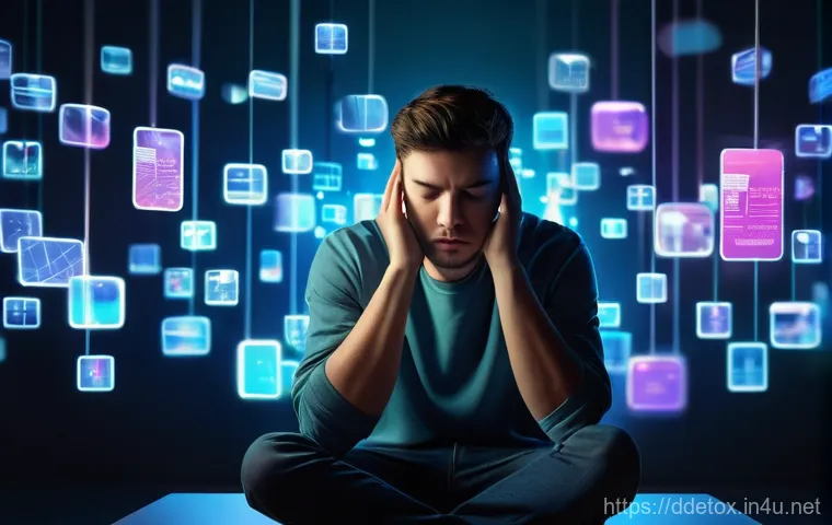디지털디톡스와 SNS 해독 - **Image Prompt:** A young adult, looking overwhelmed and stressed, sitting in a dimly lit room. Mult...