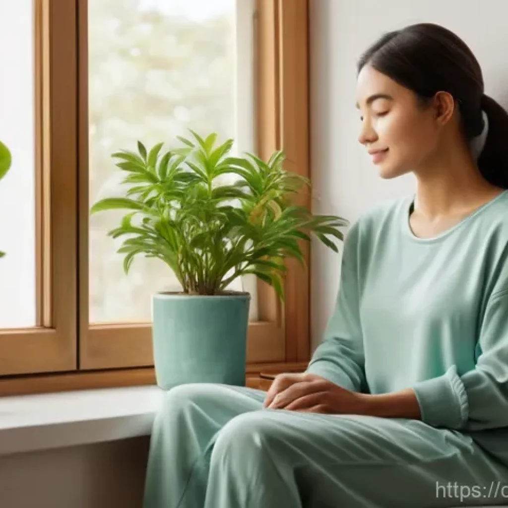 디지털디톡스 장점 - **Prompt:** A young woman in her mid-20s is sitting peacefully by a window in a cozy, sunlit room, w...