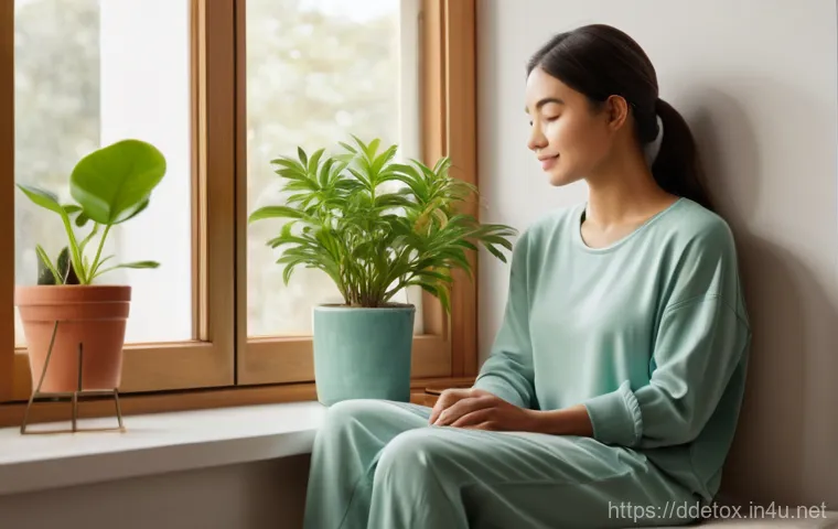 디지털디톡스 장점 - **Prompt:** A young woman in her mid-20s is sitting peacefully by a window in a cozy, sunlit room, w...