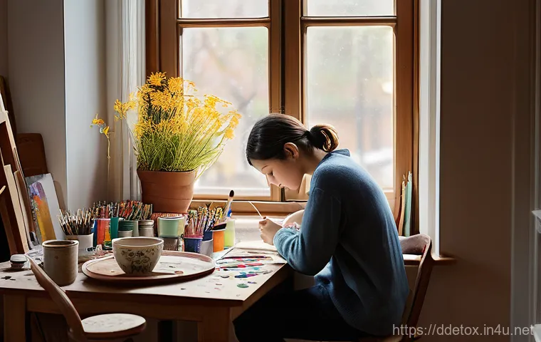 디지털디톡스와 생산성 향상 - A person in their late 20s to early 30s, with a serene and focused expression, sitting by a sunlit w...