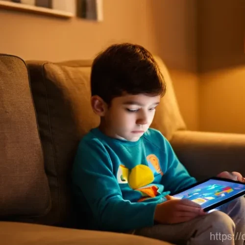 Home 31 디지털디톡스와 자녀의 미디어 사용 조정 - **Prompt:** A young child, aged around 5-7, wearing cozy pajamas, is sitting comfortably on a living...