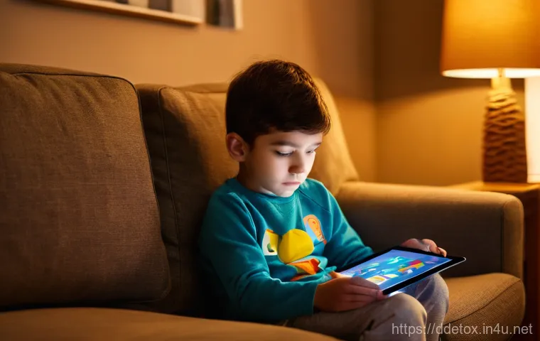 디지털디톡스와 자녀의 미디어 사용 조정 - **Prompt:** A young child, aged around 5-7, wearing cozy pajamas, is sitting comfortably on a living...