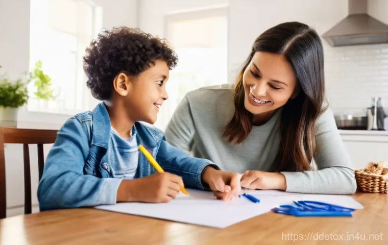 디지털디톡스와 자녀의 미디어 사용 조정 - **Prompt:** A young child, aged around 5-7, wearing cozy pajamas, is sitting comfortably on a living...
