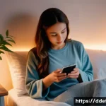 디지털디톡스와 뇌의 활성화 - A serene and cozy bedroom scene at dusk. A young woman in comfortable pajamas is gently placing her ...