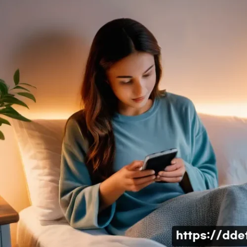 Home 30 디지털디톡스와 뇌의 활성화 - A serene and cozy bedroom scene at dusk. A young woman in comfortable pajamas is gently placing her ...