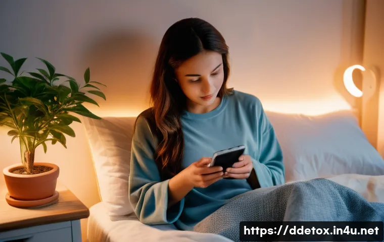 디지털디톡스와 뇌의 활성화 - A serene and cozy bedroom scene at dusk. A young woman in comfortable pajamas is gently placing her ...