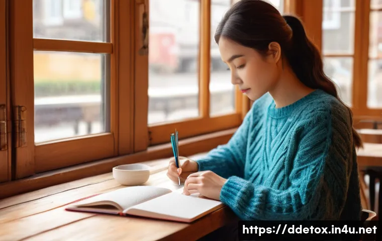 디지털디톡스와 취미 찾기 - **Prompt 1: Analog Creativity in a Cozy Cafe Setting**
A diverse young woman, in her late 20s, s...