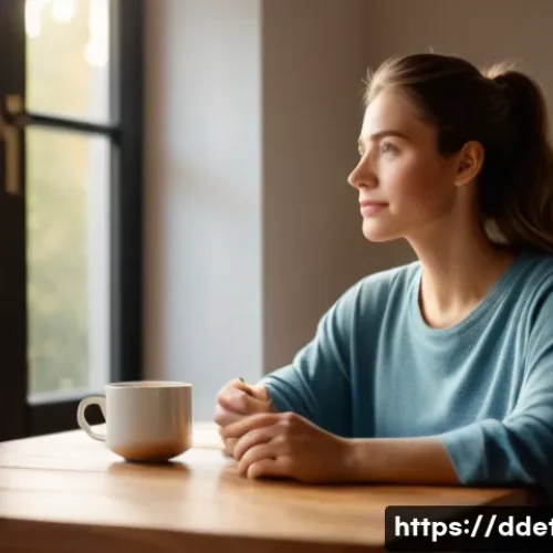 Home 15 디지털디톡스 라이프스타일 변화 - A serene woman in her late 20s or early 30s, dressed in comfortable loungewear, is sitting at a wood...