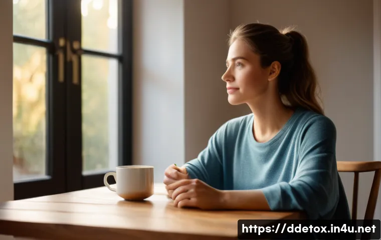 디지털디톡스 라이프스타일 변화 - A serene woman in her late 20s or early 30s, dressed in comfortable loungewear, is sitting at a wood...